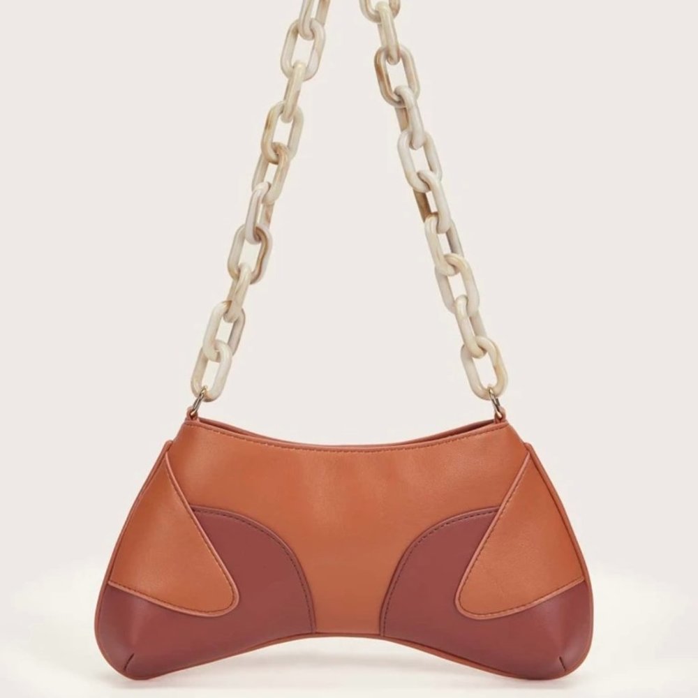 Two Tone Vegan Leather Bag w Chunky Chain Handle